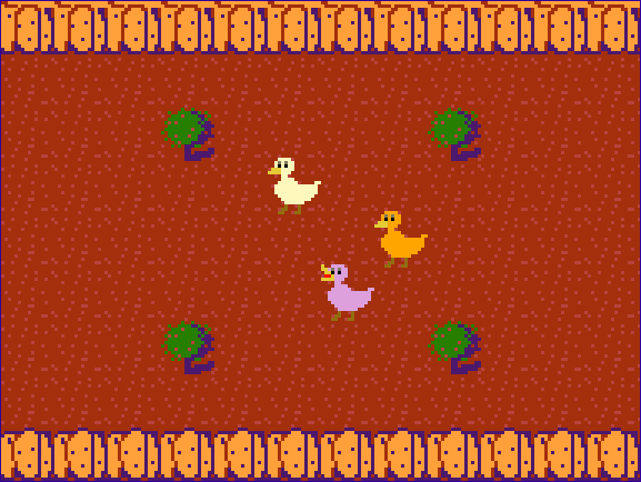 Three ducks standing outside, drawn in low resolution pixel art vaguely in the style of the original Legend of Zelda.