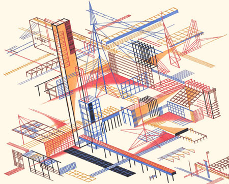 One of Yakov Chernikhov's drawings, showing buildings made out of gridlines